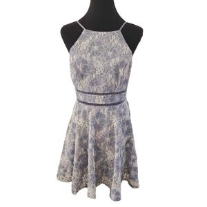 City Triangles Blue & White Lace Halter Mini Dress Illusion Waist 13 jr